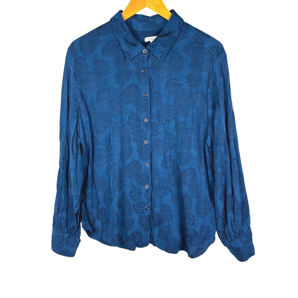 Chico's Women Long Sleeve Button Shirt 3 16 Teal Fall Office Jewel tone Classic